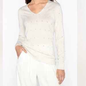 TOMMY HILFIGER White V-Neck Sweater with Stud Accents